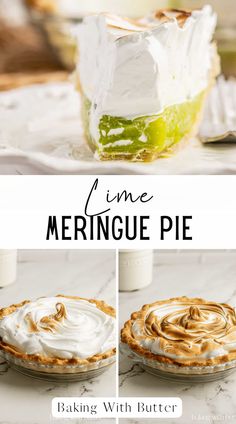 a pie with meringue and whipped cream on top is shown in three different pictures