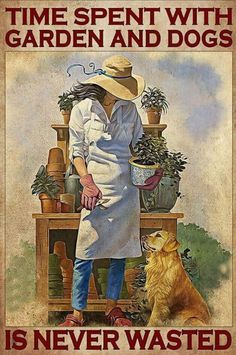 a woman with a hat and apron standing next to a dog in front of potted plants