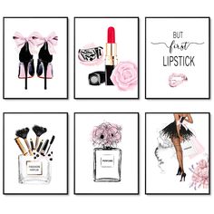 four pictures with different items on them in black and white, including lipstick, high heel shoes