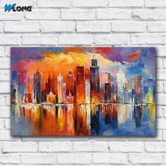 a painting on a brick wall with the cityscape painted in bright orange and blue