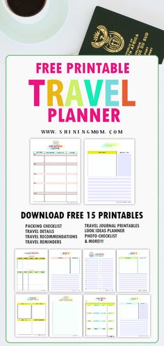 the free printable travel planner is on top of a table with coffee and other items