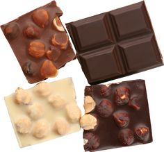 four different types of chocolates on a white background