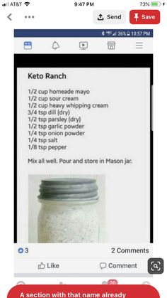 an image of a recipe for keto ranch on the app store's facebook page