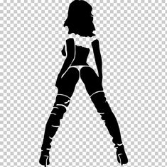 the silhouette of a woman in black and white clothes, with her legs spread out