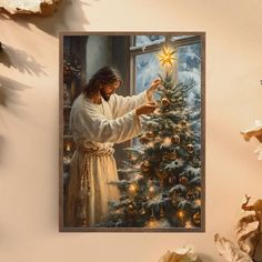 a painting of jesus decorating a christmas tree