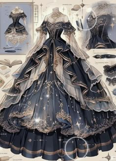 Fantasy Outfits Royal, Manhwa Ball Gown, Manhwa Gowns, Fantasy Attire, Gaun Abad Pertengahan, Manhwa Dresses, Dress Design Drawing, Fantasy Clothes