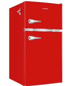 a red refrigerator freezer sitting on top of a white wall