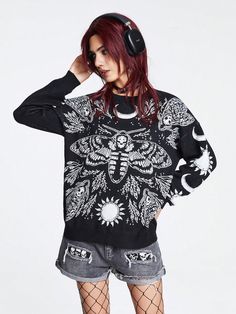 Black Casual Collar Long Sleeve Knitwear Animal,Halloween Pullovers Embellished High Stretch  Women Clothing Drop Shoulder Sweaters, Graphic Patterns, Black Casual, Knitwear Women, Drop Shoulder, Knitwear, Round Neck, Sweaters For Women, Halloween