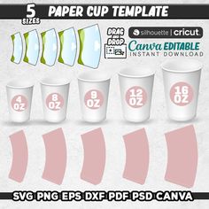 5 paper cup templates with different sizes and colors to choose from for your project