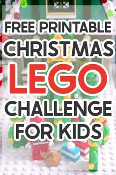 the lego christmas tree is on display with text overlay that reads free printable christmas lego challenge for kids