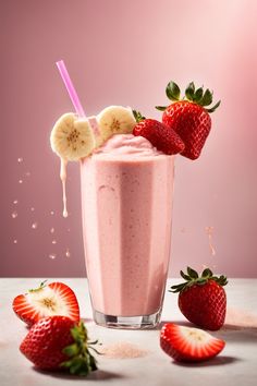 a smoothie with bananas and strawberries on the side, surrounded by other fruit