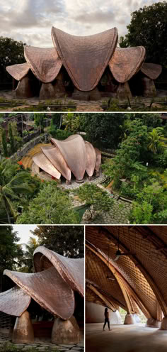 four different views of an open air pavilion in the middle of trees and grass, with people walking around