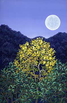 a painting of a tree with yellow flowers in front of a full moon and blue sky