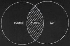 two intersecting circles with the words science, wonder and art written in white on black