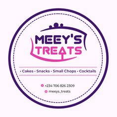 the logo for meey's treats cakes - snacks small chops cocktails