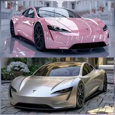 two different views of a pink and silver sports car