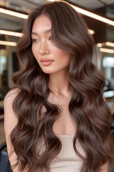 Woman with long, wavy brown hair and soft makeup silhouetted against salon lighting. Mocha Chocolate Brown Hair, Light Brown With Lowlights Dark, Ash Chestnut Brown Hair, Chocolate Brown Hair With Extensions, Long Brown Hair Color Ideas, Chestnut Chocolate Brown Hair, Mocha Brown Hair Color With Highlights, Brown Asian Hair Color, Toffee Bronde