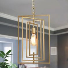 a light fixture hanging from the ceiling in a living room with a potted plant