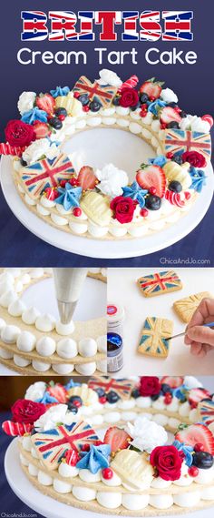 the british flag cake is decorated with red, white and blue icing on it