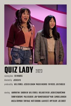 two women standing next to each other in front of a purple and white background with the words quiz lady on it