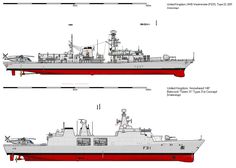 two drawings of a large ship with red trimmings on the bottom and side