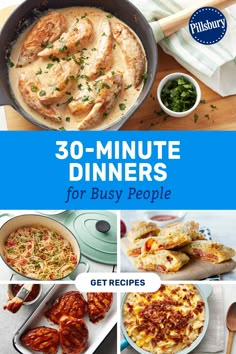 the cover of 30 - minute dinners for busy people, with pictures of different dishes