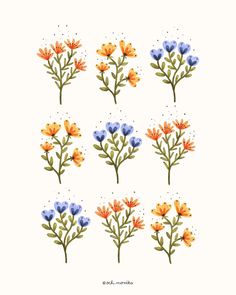 six watercolor flowers on white paper with dots in the middle and blue, yellow, orange