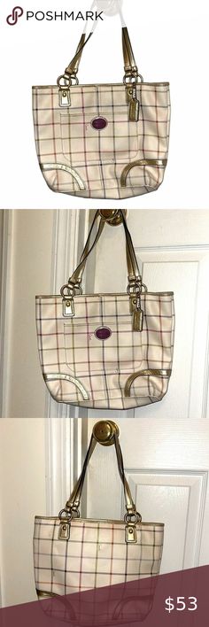 COACH Multicolor Plaid Leather Shoulder Bag! Plaid And Leather, Gold Canvas, Leather Shoulder Bag, Plaid, Shoulder Bag, Pet