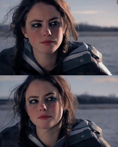 two pictures of a woman with blue eyes and braids in front of the water