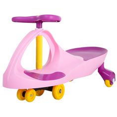 a pink toy car with yellow wheels on a white background