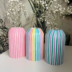 New stripes✨ love the rainbow one🌈 which one are you picking? I’ve added these to Etsy 🫶🏼 #ceramicsvase #colourfulhome #handpainted #smallbusiness Flowers And Water, Ceramic Rainbow, Funky Vases, Colourful Home Decor, Diy Mod Podge, Colourful Home, Make A Room, Pottery Vases, Striped Vase