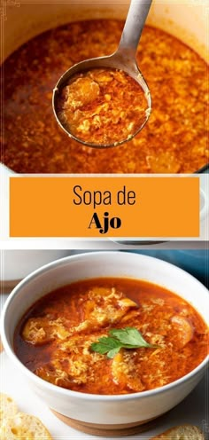 soup in a white bowl with bread on the side and an orange sign that says sopa de ao