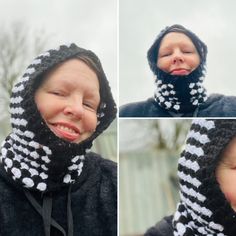 four different pictures of a woman wearing a scarf and mittens with her mouth open