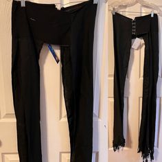 two pictures of black pants hanging up on a white door and the bottom is open