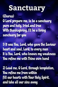 a poem with the words sanctuary written in white and blue on a purple leather background