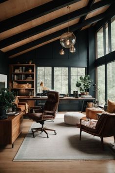 a living room filled with lots of furniture and large windows covered in wood planks