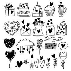 black and white valentine's day doodles with hearts, flowers, balloons, gifts