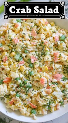 crab salad in a white bowl with the title above it