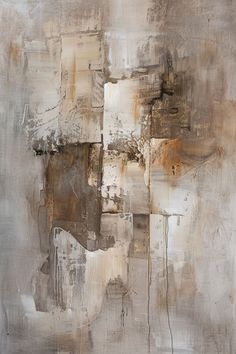 an abstract painting with lots of brown and white paint on the wall, including squares