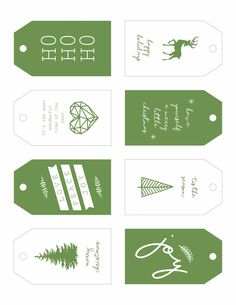 four tags with different designs on them, one is green and the other is white