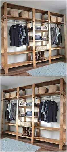 two pictures of clothes hanging on wooden shelves