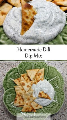 homemade dill dip mix with pita chips on a green plate and in a bowl