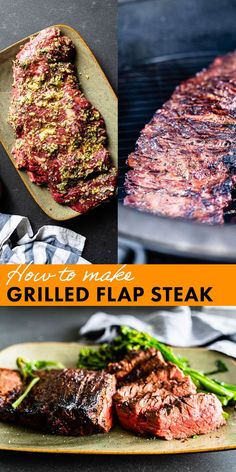 grilled meat steaks and asparagus on the grill with text overlay