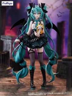 an anime character holding a stuffed animal in her hand and wearing black boots with blue hair