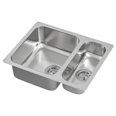 two stainless steel kitchen sinks with drainers on each side and one in the middle