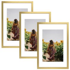 three frames with sunflowers and a woman in a dress walking away from the camera