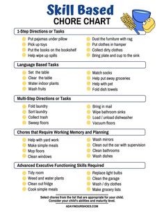 the skills for skill based chores are shown in this printable worksheet, which includes