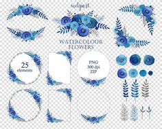 blue watercolor flowers and leaves on transparent background, set of floral frames for photoshopping