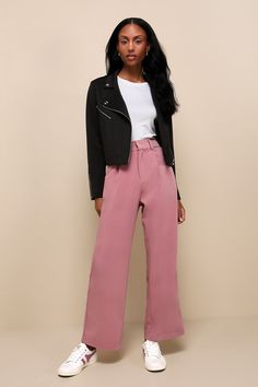 Create a luxe look in an instant with the Lulus Posh Mindset Mauve High-Waisted Wide-Leg Trouser Pants! Sleek woven fabric shapes these style-forward pants that have a high-waisted silhouette (with elastic at the back for best fit), belt loops, a hidden zip-fly, and double-clasp top closures. Relaxed, wide pant legs with side seam pockets end at ankle-length hems. Fit: This garment fits true to size. Length: Ankle length. Size medium Inseam: 28.00 Front Rise: 12.75 Waist: Fitted - elastic waist Trendy High Waist Wide Leg Office Pants, Fashion-forward High Waist Workwear Bottoms, Fashion-forward High Waist Bottoms For Spring, Fashion-forward High-waisted Pants, Chic High Waist Solid Color Pants, Trendy High-waist Wide Leg Pants For Business Casual, Chic Solid Color Pants For Work, Chic Solid Color Office Pants, Trendy Solid Dress Pants For Fall