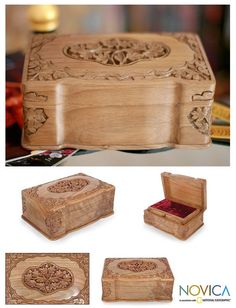 an intricate wooden box is shown with the lid open